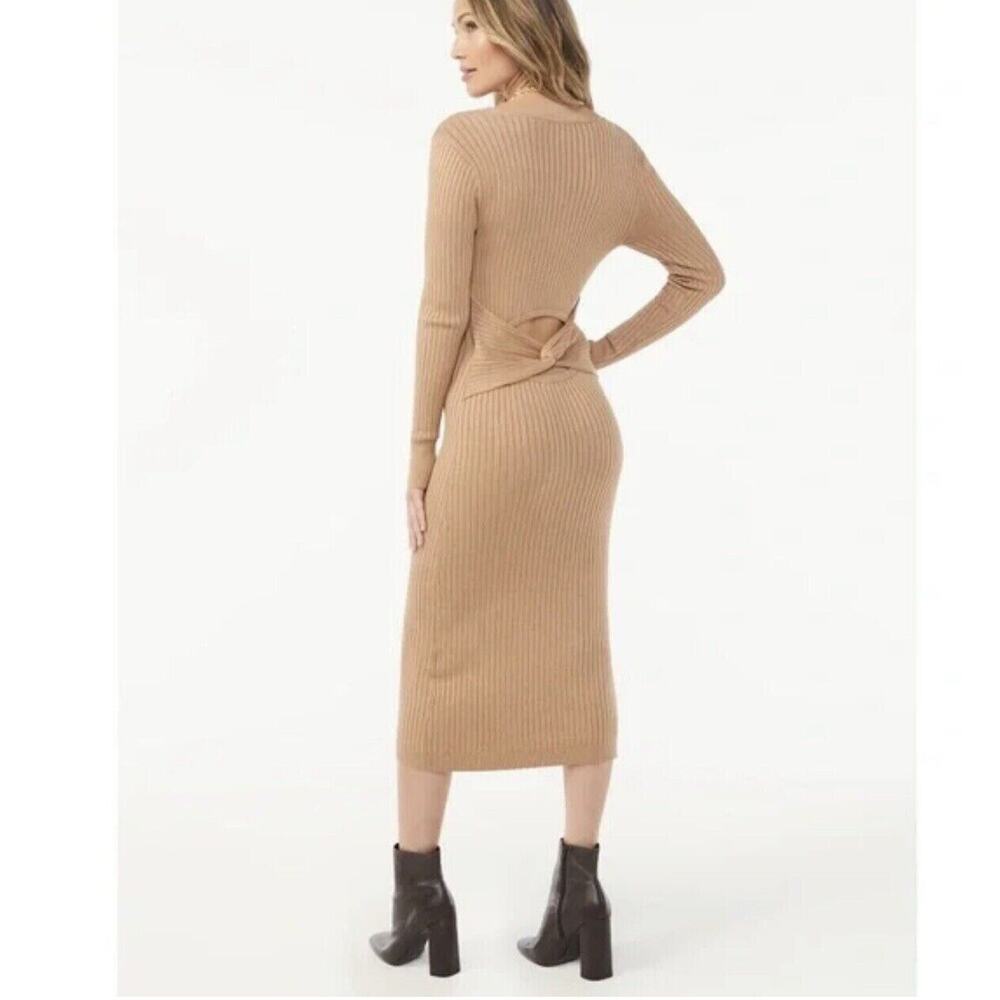 NWT Sofia Vergara Dress Womens Sz L Tan Ribbed Midi Cut Out‎ Back Opening